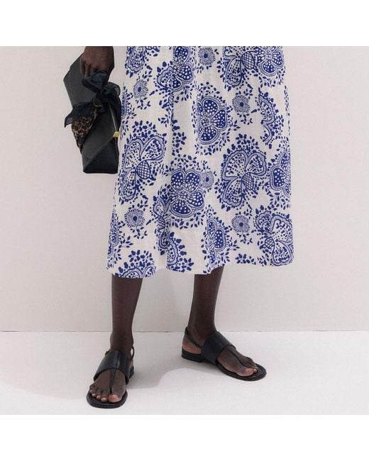 ME+EM Blue Cheesecloth Fit & Flare In-Full-Bloom Print Midi Dress Soft