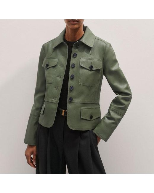 ME+EM Green Washed Leather Fitted Utility Jacket