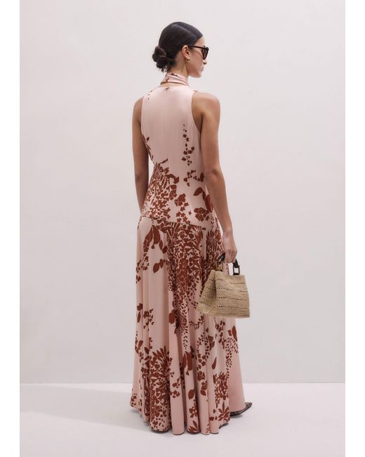 ME+EM Pink Silk Satin Draping Wisteria Print Full Length Dress + Tie-Cinnamon