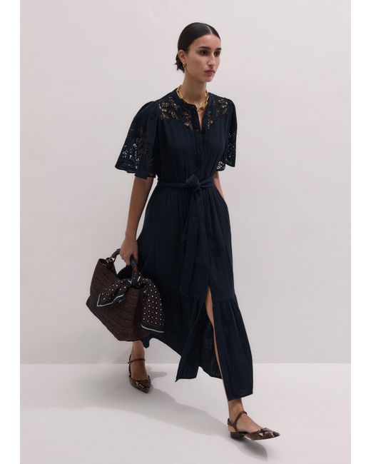 ME+EM Blue Cheesecloth Embroidered Maxi Dress + Belt