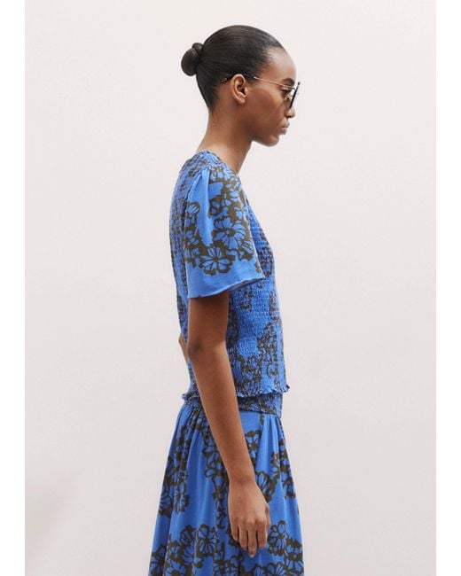 ME+EM Blue Stencil Bloom Print Smock Top