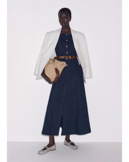ME+EM Blue Crease-Less Linen Button Front Maxi Dress + Belt
