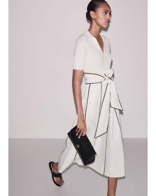 ME+EM Multicolor Mixed Media Fit And Flare Midi Dress + Belt Light Cream