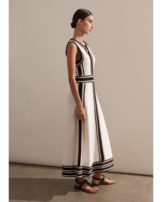me and em crochet dress ME+EM Crochet Stripe Panelled Midi Dress in Natural