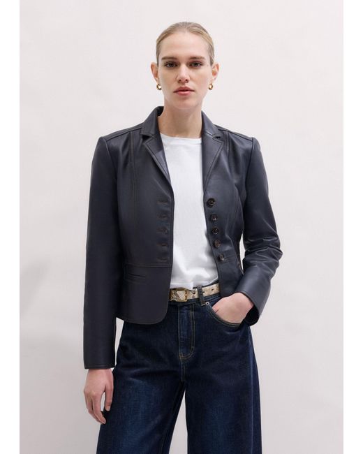 ME+EM Blue Leather Short Fitted Blazer