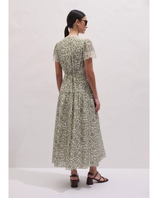 ME+EM Multicolor Silk Cotton Entangled Lace Print Maxi V Neck Dress-Light Cream