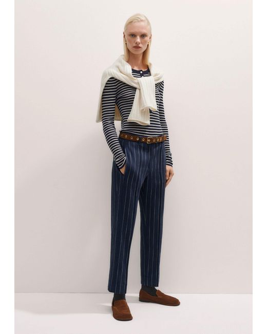 ME+EM Blue Textured Pinstripe Slim Crop Trouser