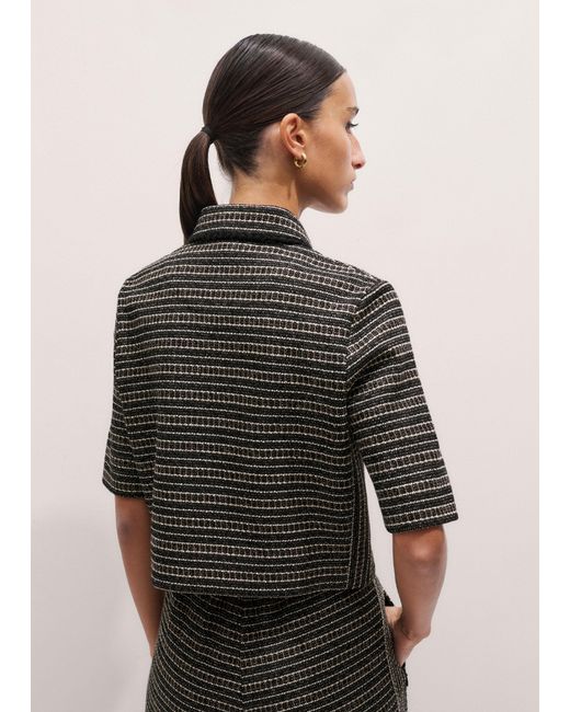 ME+EM Black Stripe Tweed Zip-Front Top