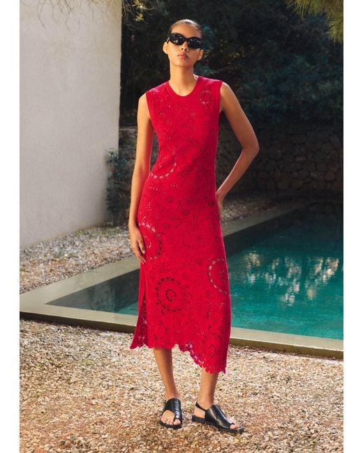 ME+EM Red Asymmetric Cotton Crochet Maxi Dress + Slip