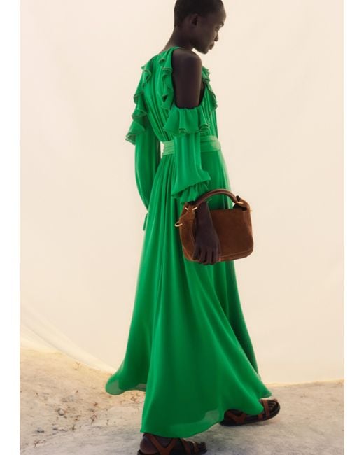 ME+EM Green Silk Exposed Shoulder Maxi Dress + Belt