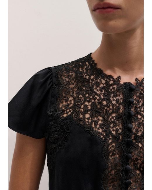 ME+EM Black Silk Satin And Lace Cap Sleeve Top