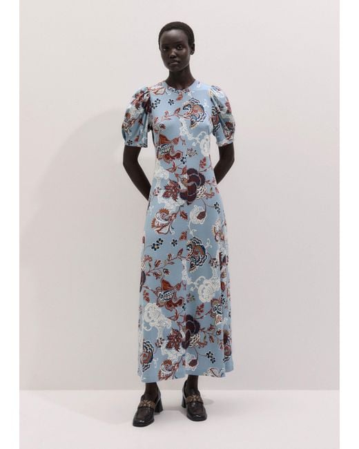 ME+EM Blue Grand Paisley Print Pouf Sleeve Maxi Dress