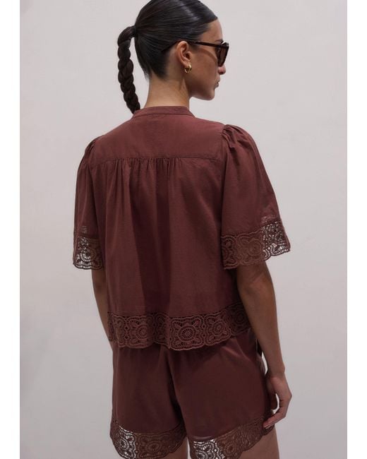 ME+EM Brown Cotton Lace Trim Cropped Top