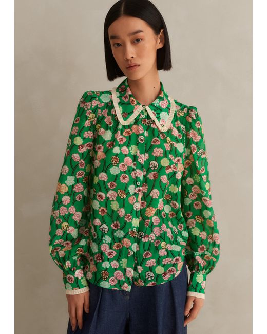 ME+EM Green Silk Cotton Lantana Flower Print Shirt