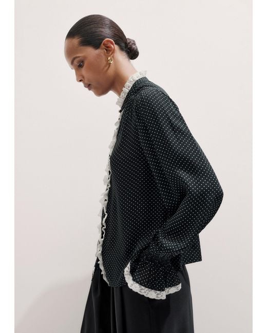 ME+EM Black Micro Polka Dot And Lace Blouse/Light Cream