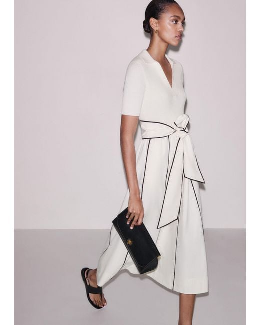 ME+EM Multicolor Mixed Media Fit And Flare Midi Dress + Belt Light Cream