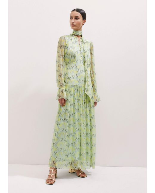 ME+EM Women's Green Silk Tulip Print Full Length Dress + Tie