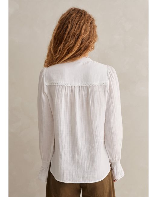ME+EM Gray Cheesecloth Broderie Trim Blouse