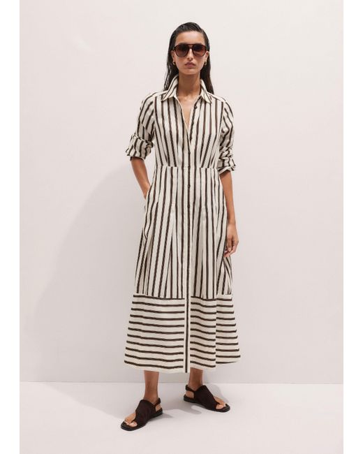 black and white striped dress with brown belt The Art of Balance Cotton Brown Stripe Sleeveless Midi Dress
