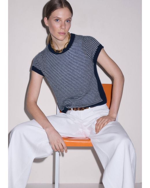 ME+EM Blue Merino Cashmere Silk Stripe Straight Baby Tee-Cream