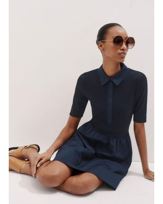 ME+EM Blue Mixed Media Shirt Collar Short Dress