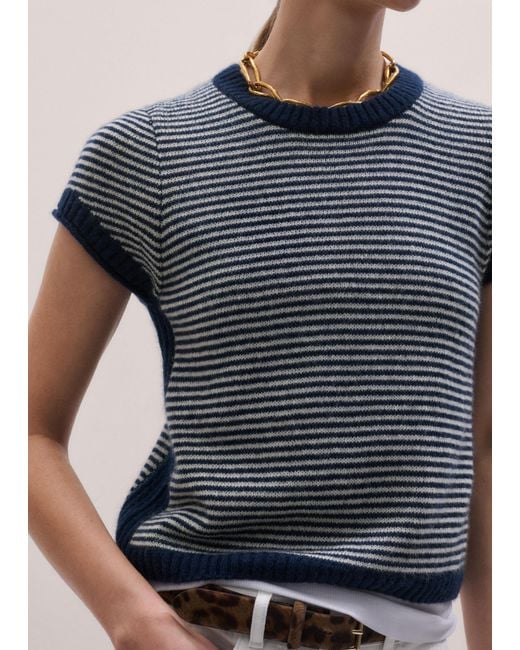 ME+EM Blue Merino Cashmere Silk Stripe Straight Baby Tee-Cream