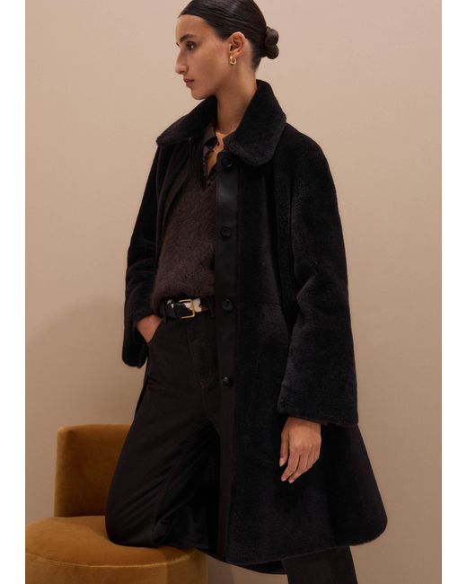 ME+EM Black Luxe Shearling Leather Mix Swing Coat