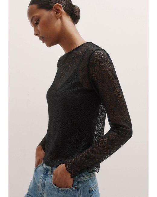 ME+EM Black Lace Crew Neck Top