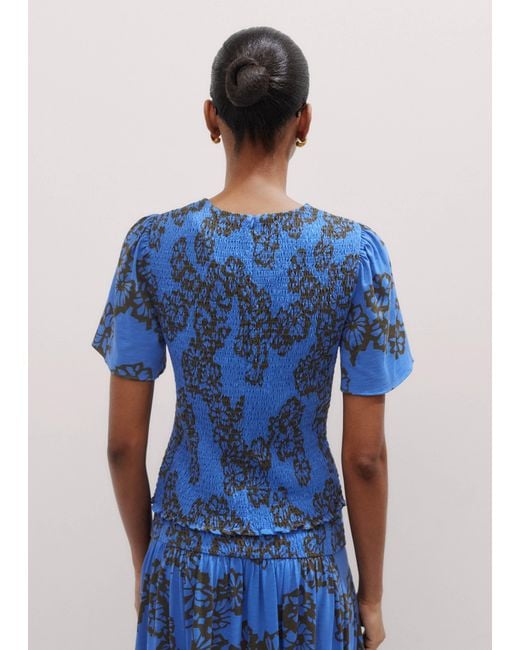 ME+EM Blue Stencil Bloom Print Smock Top