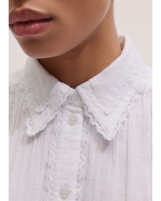 ME+EM Gray Cheesecloth Delicate Lace Trim Long Sleeve Blouse