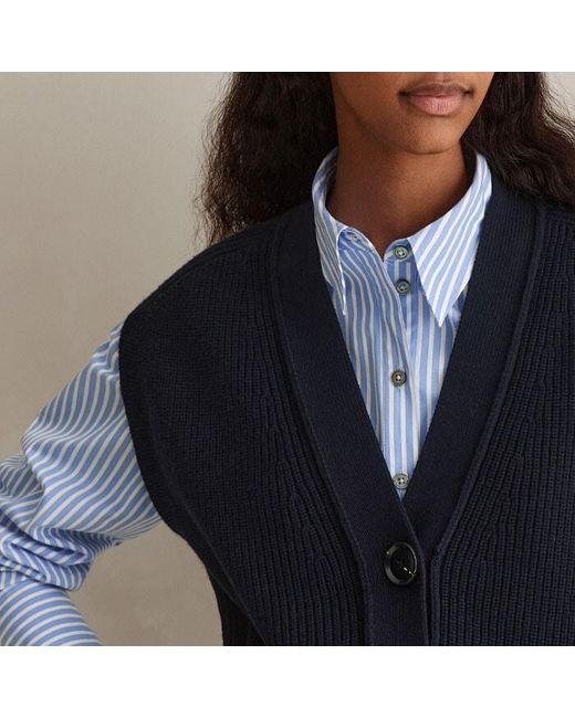 ME+EM Blue Cotton Merino Rib Relaxed Buttoned Sweater Vest