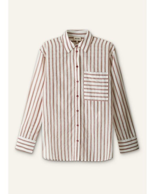 ME+EM Brown Cotton Voile Stripe Boyfriend Shirt Cinnamon-Light Cream