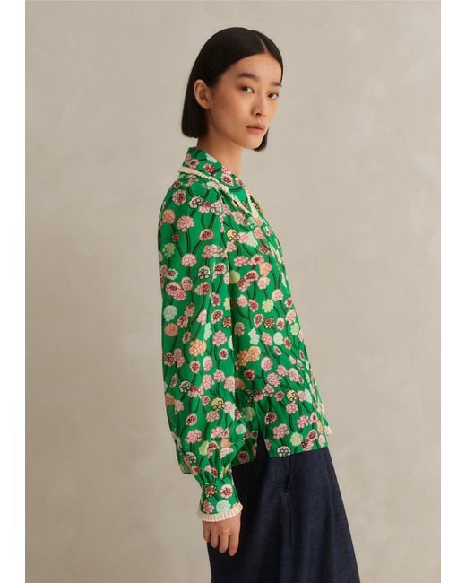 ME+EM Green Silk Cotton Lantana Flower Print Shirt