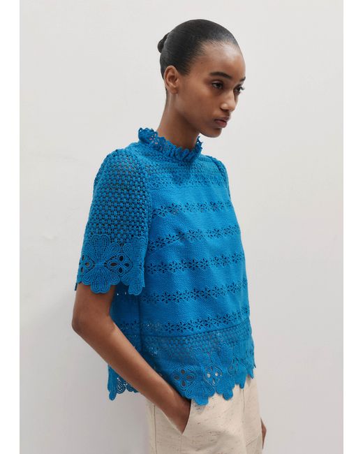 ME+EM Blue Crochet Lace Cotton T-Shirt