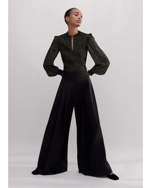 ME+EM Black Metallic Crinkle Smocked Blouse