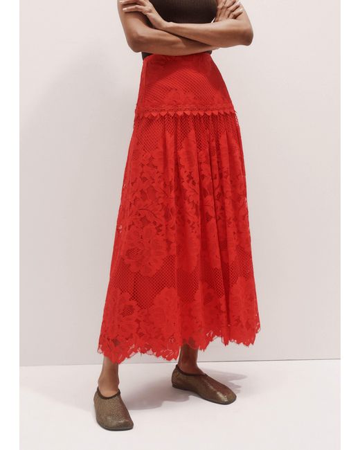 ME+EM Red Graphic Floral Lace Maxi Skirt