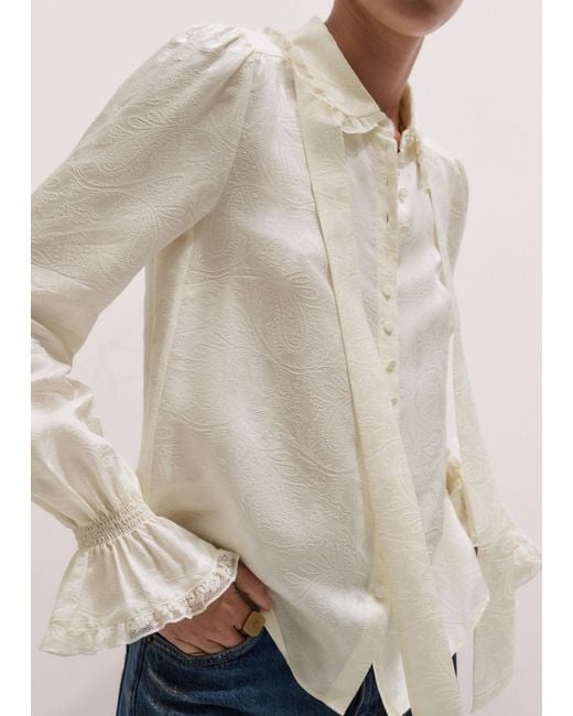 ME+EM Natural Fluid Jacquard And Lace Trim Blouse + Tie