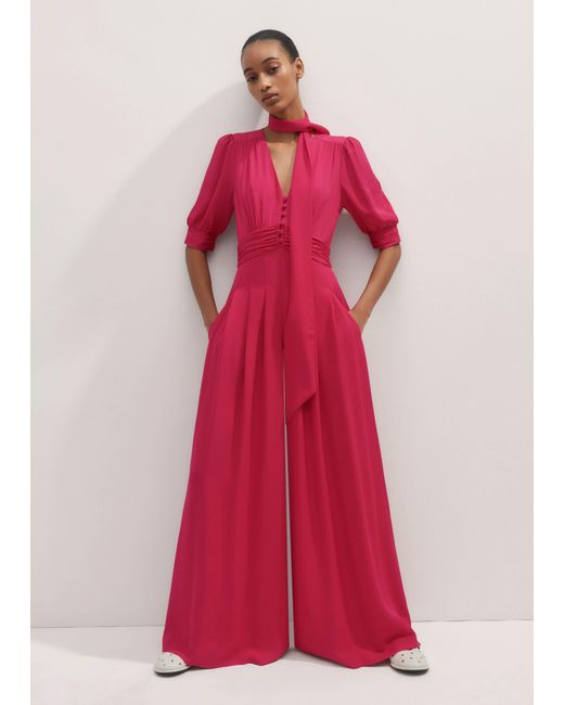 ME+EM Red Silk Wide-Leg Jumpsuit + Tie