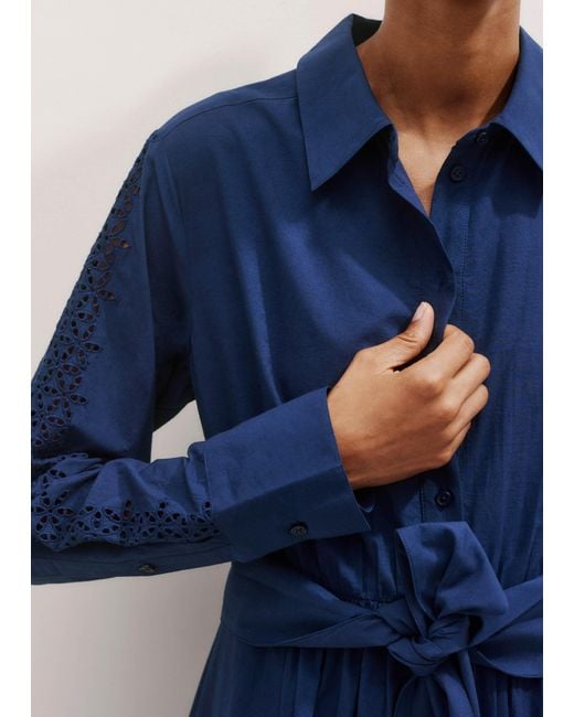 ME+EM Blue Cotton Broderie Border Maxi Shirt Dress + Belt Intense