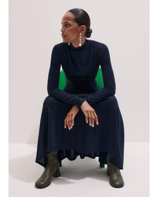 ME+EM Blue Metallic Draped Cowl Neck Maxi Dress