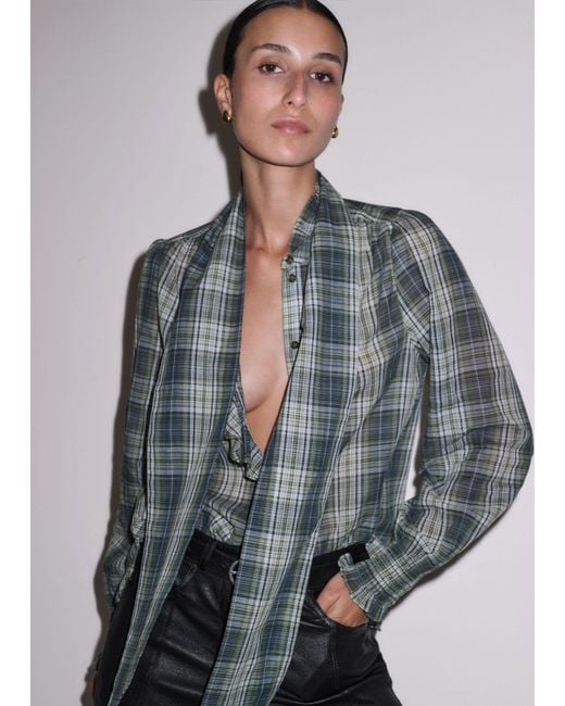 ME+EM Gray Cotton Voile Check Long Sleeve Blouse + Tie