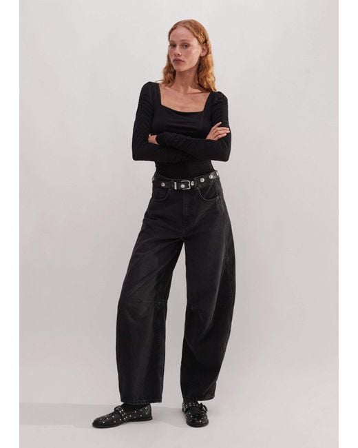ME+EM Black Ruched Square Neck Top
