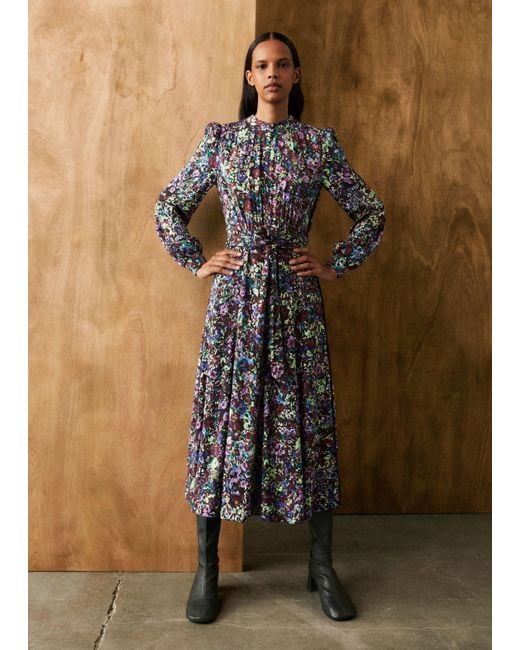 ME+EM Natural Hand-painted Floral Print Midi Dress +belt