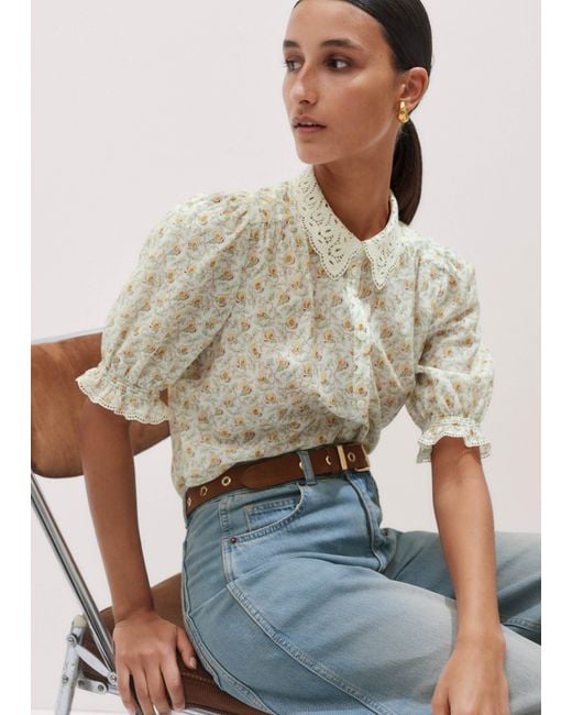 ME+EM Natural Silk Cotton Sweet Pea Print Blouse With Broderie Collar Light Cream/Buttercream/Multi