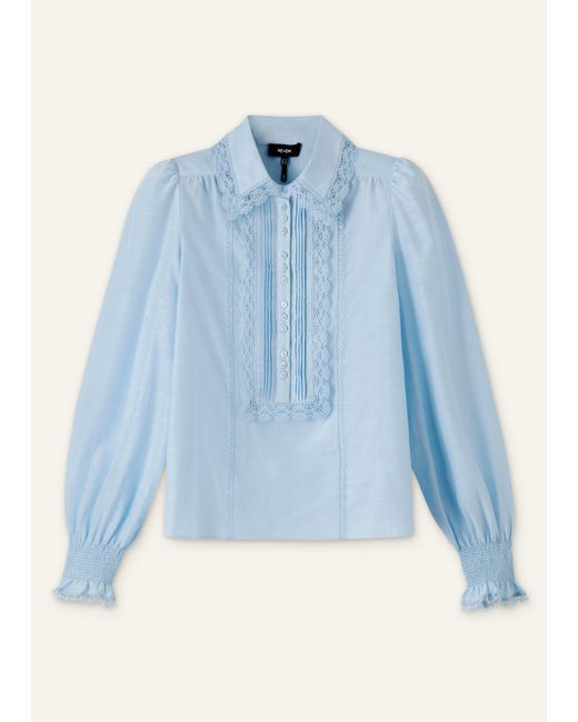 ME+EM Blue Silk Cotton Lace Trim Straight Blouse