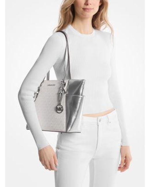 Michael Kors White Charlotte Large Signature Logo And Metallic Tote Bag