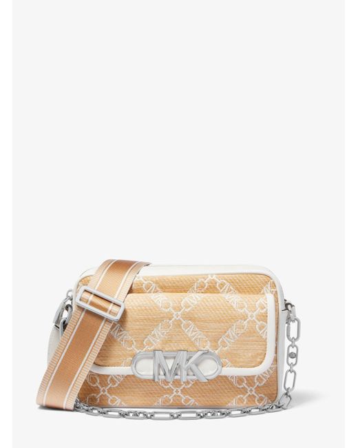 Michael Kors Natural Parker Medium Empire Logo Jacquard Straw Crossbody Bag