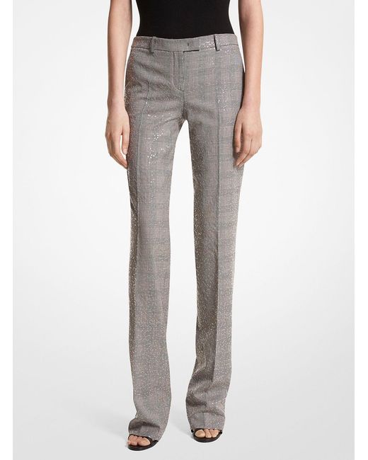 Michael Kors Gray Mk Carolyn Embroidered Glen Plaid Stretch Wool Trousers