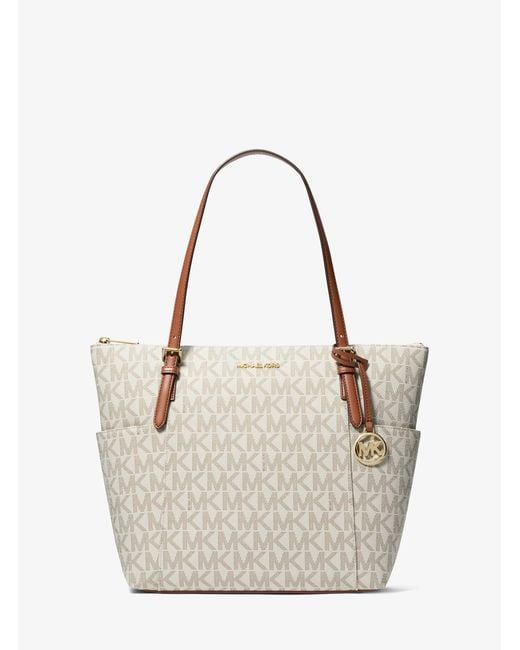 Michael Kors Outlet White Mk Charlotte Medium Signature Logo Top-Zip Tote Bag