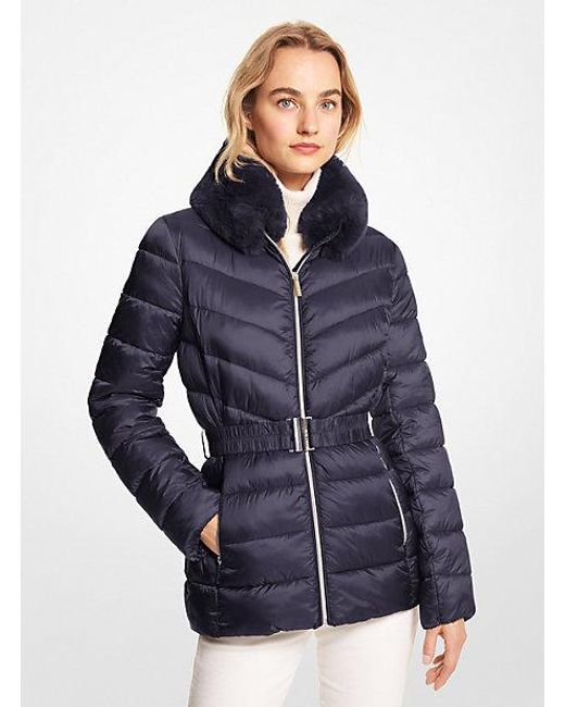 Michael Kors Blue Faux Fur Trim Quilted Nylon Packable Puffer Jacket